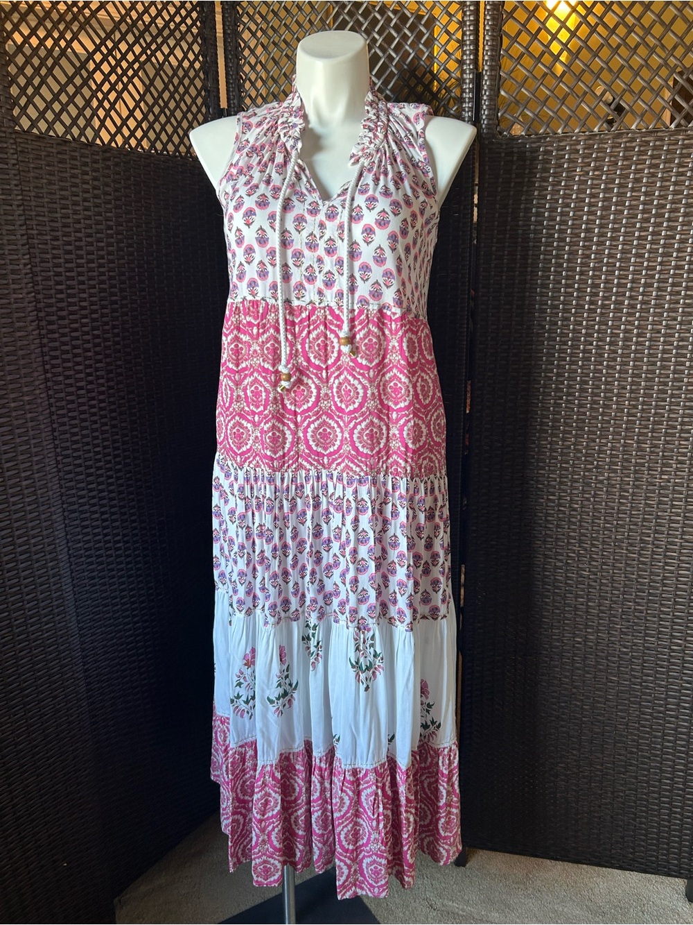 Chelsea & Theodore White and Pink Tiered Boho Maxi Dress - XL